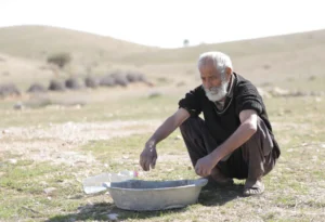 An Iranian man with a gray beard and hair sits crouched in a field of grass. He has a black sweater on with the sleeves rolled up and brown pants. He sits in front of a small basin of water, staring at it.